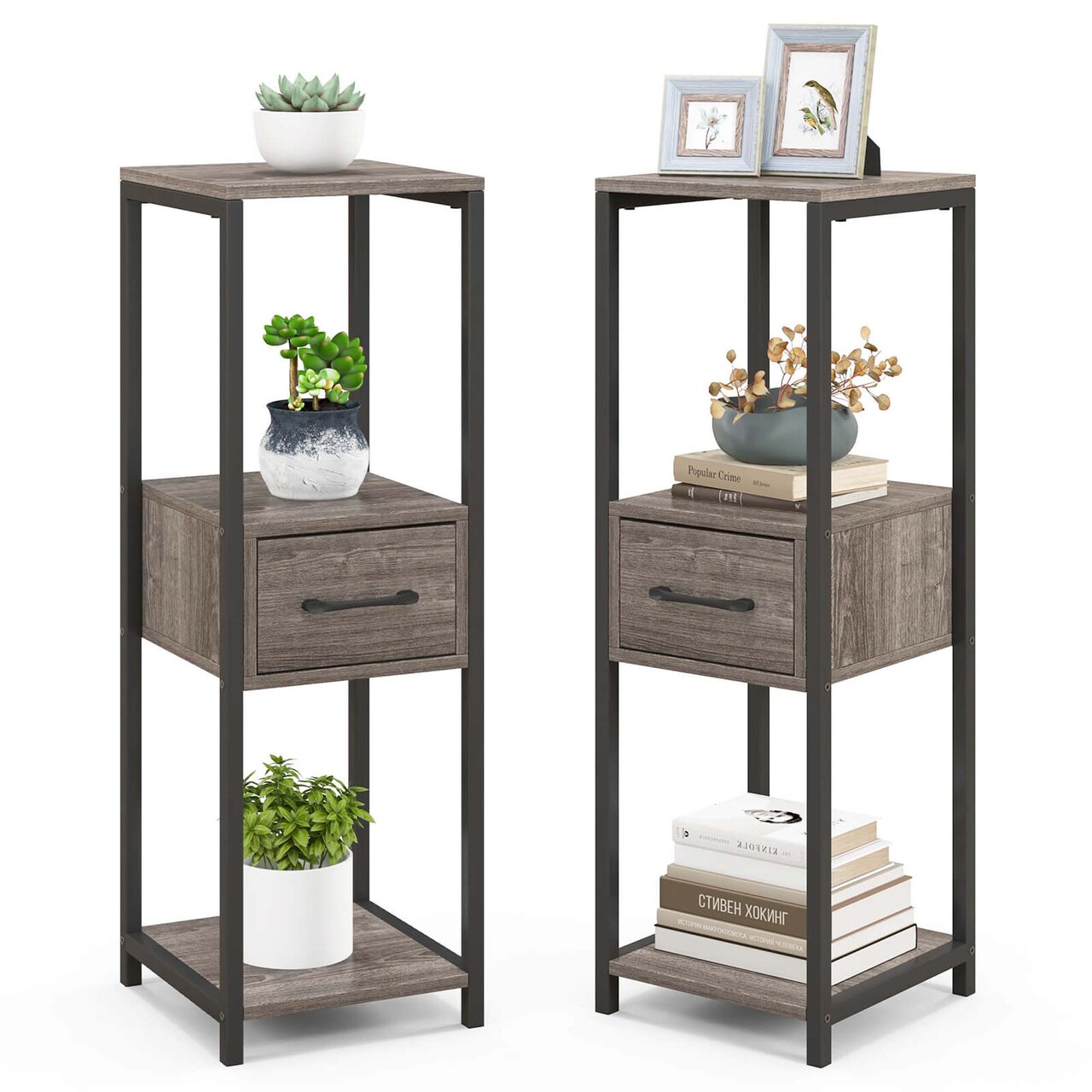 Costway 1/2 Pack 3 Tier Tall Metal Plant Stand Indoor Plant Table with Drawer Anti-tipping Devices